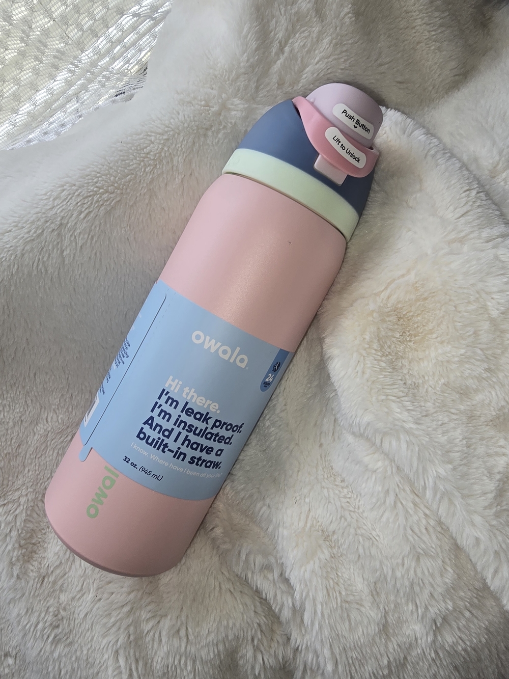 Owala Insulated Water Bottle - Pink with Blue Accent 32 Oz